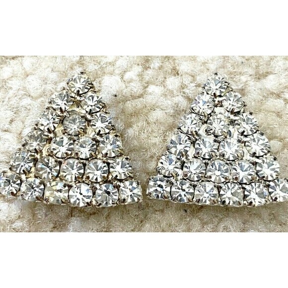 Vintage Rhinestone Clip-On Earrings Statement Triangle Wedding Y2K 90s Prom - Picture 1 of 5